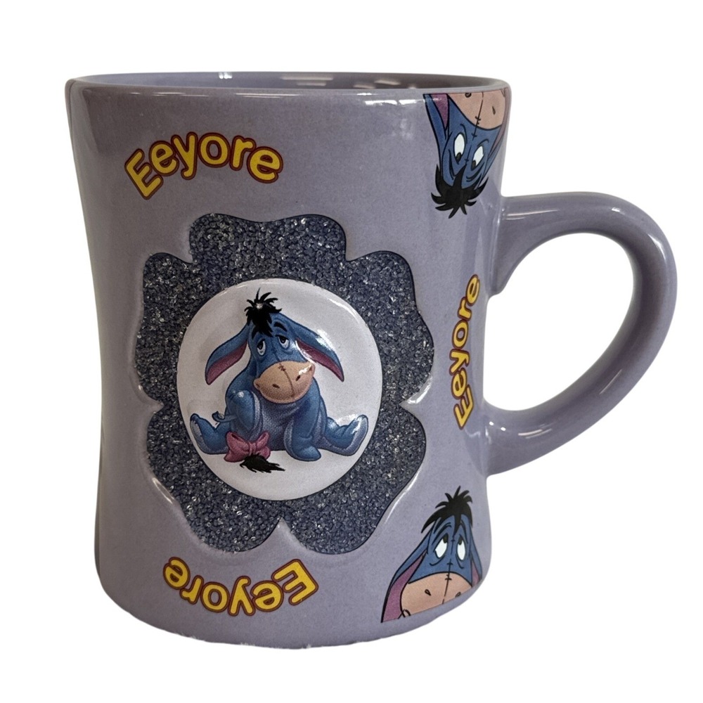 Disney Parks Eeyore Purple Ceramic Coffee Mug Winnie the Pooh Glitter Accent